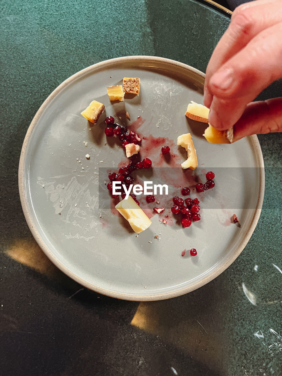 Top down view of plate of cheese and cranberry.