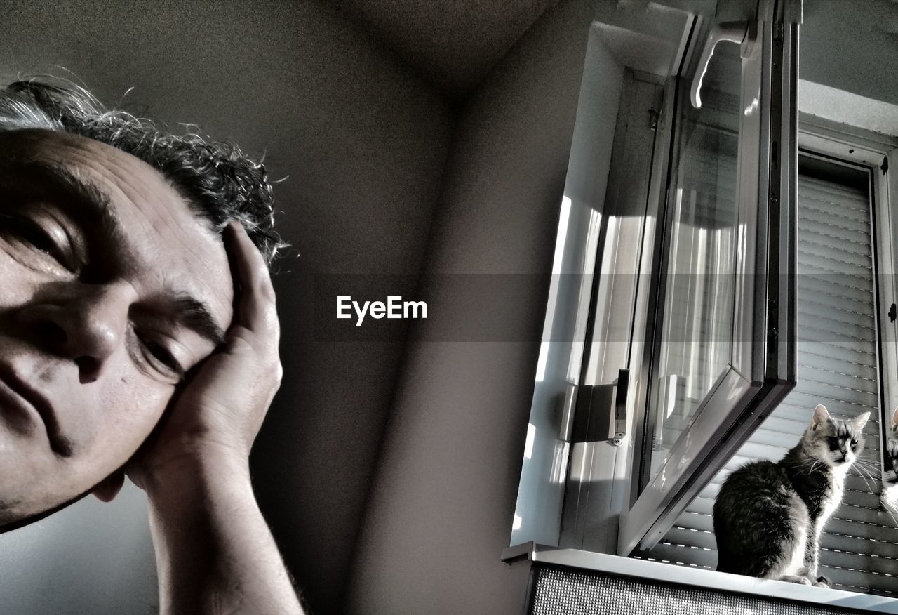 Low angle portrait of man against cat sitting on window sill