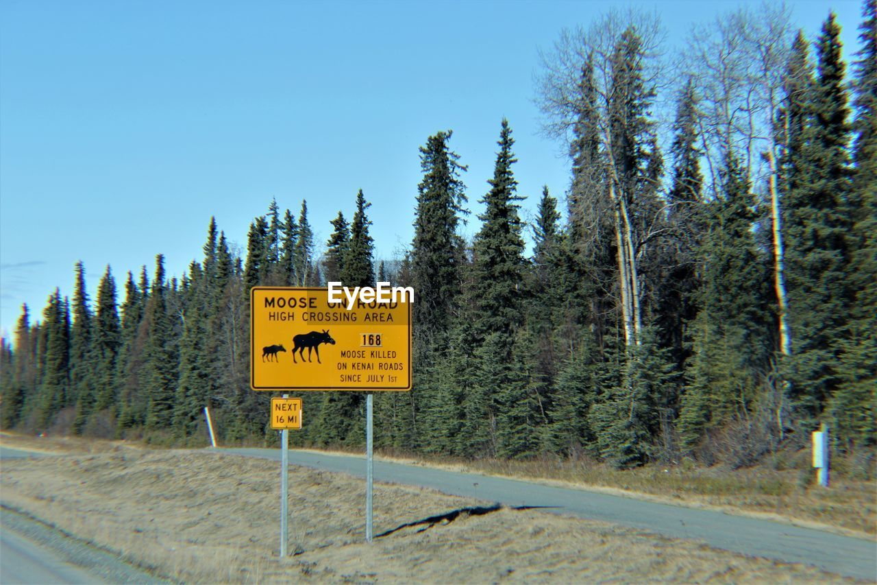 Road sign by trees against sky in on side of road, informational sign