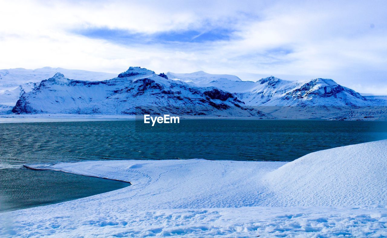 Scenic view of snowcapped mountains against sky