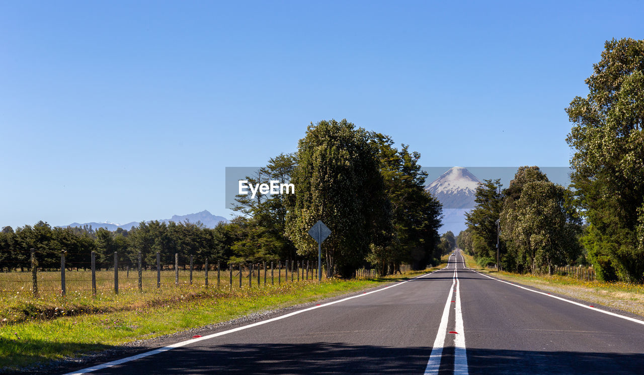 Empty road along trees and against blue sky