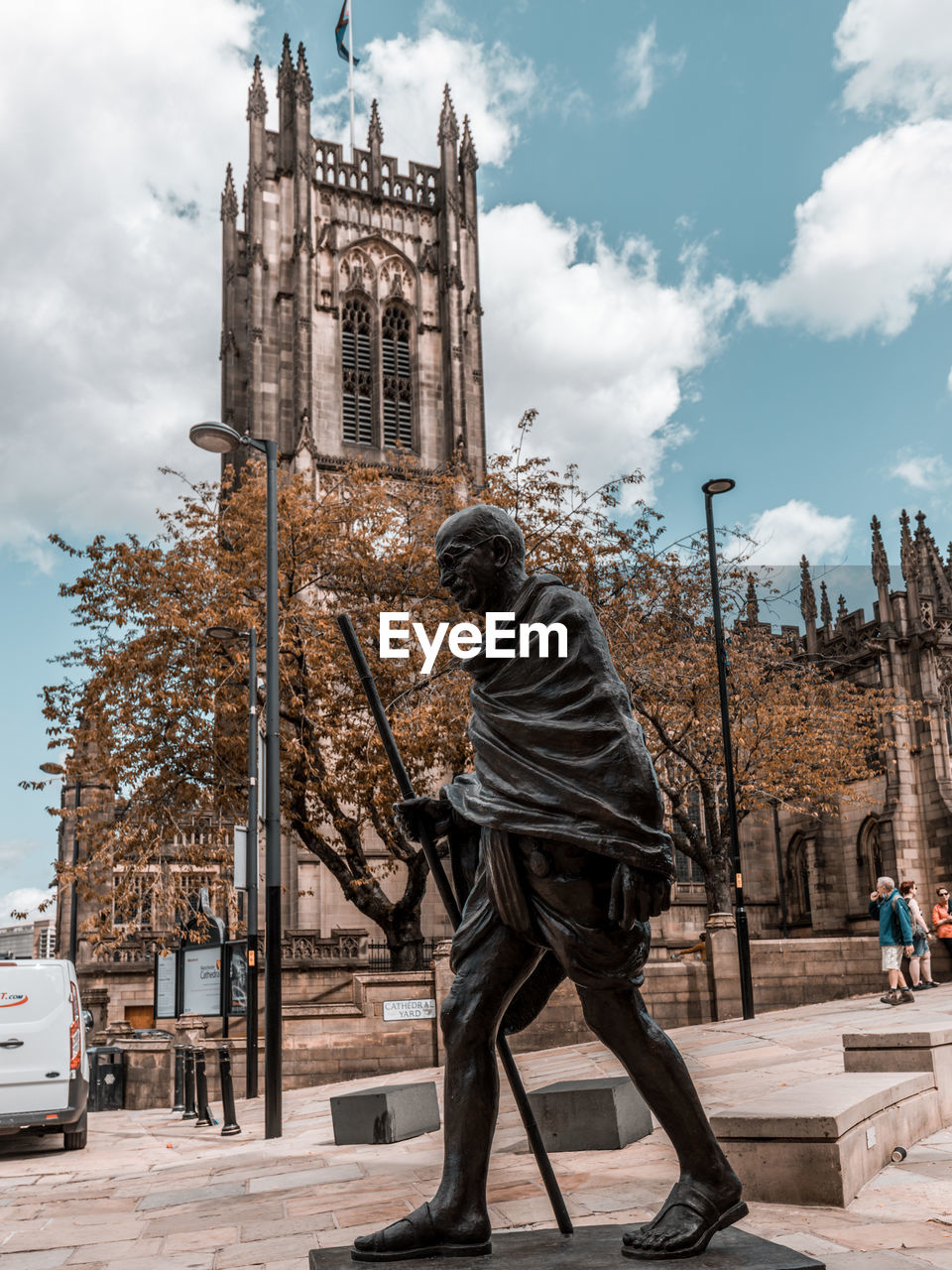 Ghandi statute in front of manchester cathedral