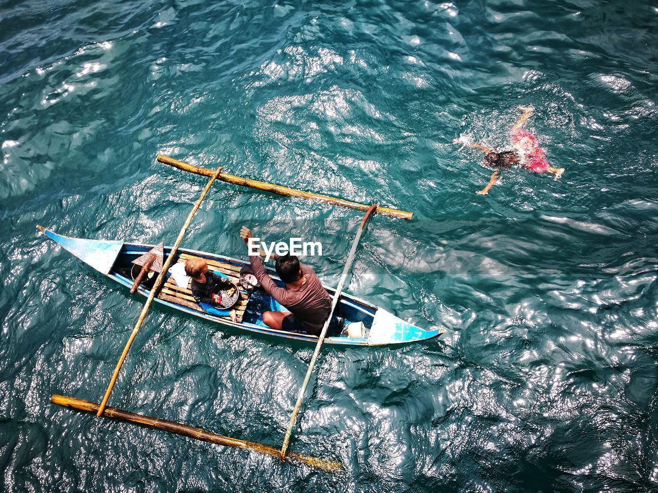 HIGH ANGLE VIEW OF PEOPLE IN BOAT