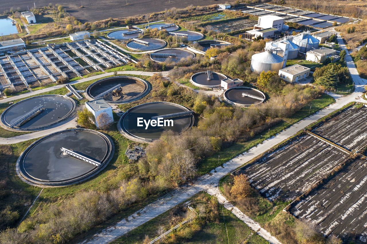 Aerial top view of a city sewage treatment plant.