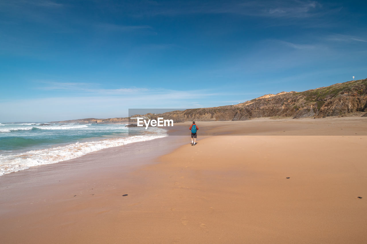 rear view of man walking on beach against sky