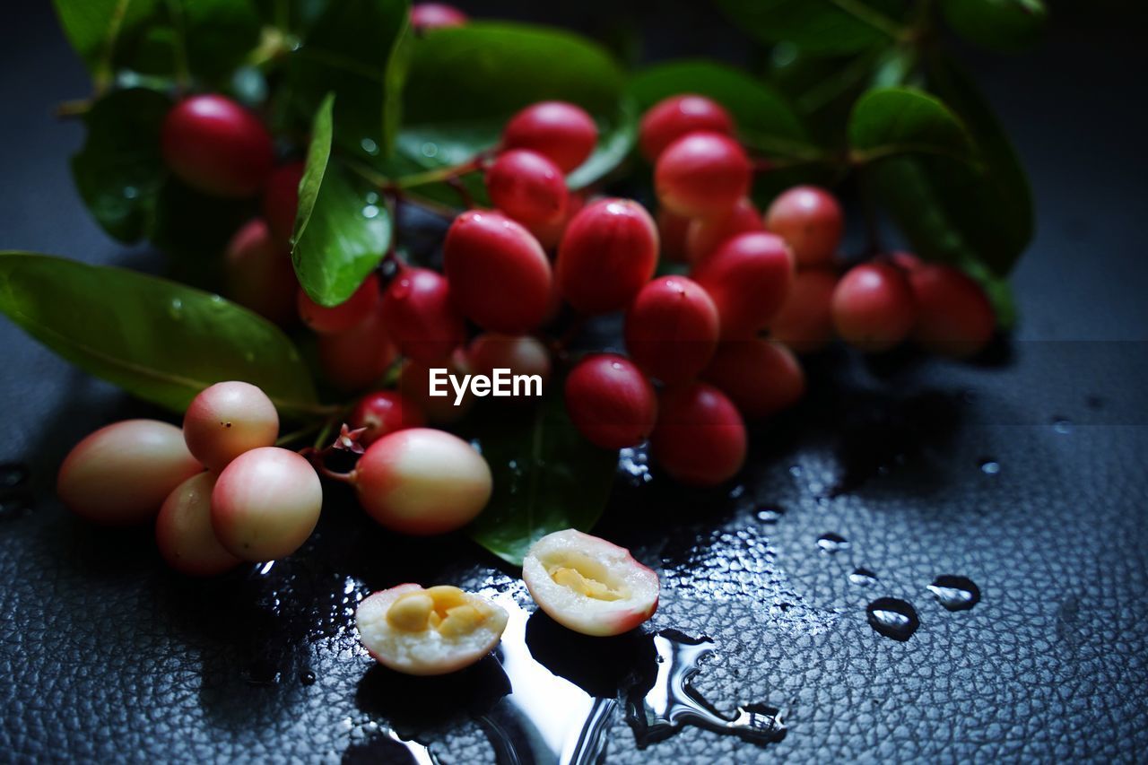 CLOSE-UP OF FRUITS ON TABLE