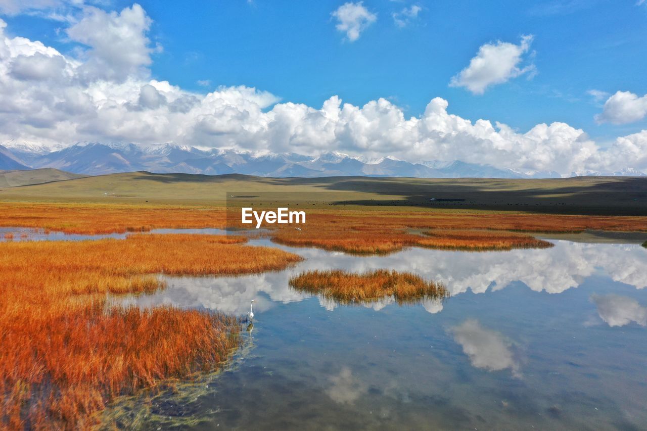 SCENIC VIEW OF LAKE AND LANDSCAPE AGAINST SKY