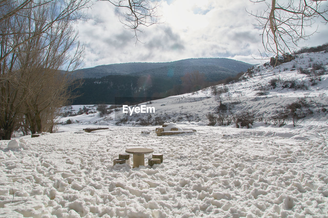 Snowy and cold mountain forest landscape. loneliness and tranquility