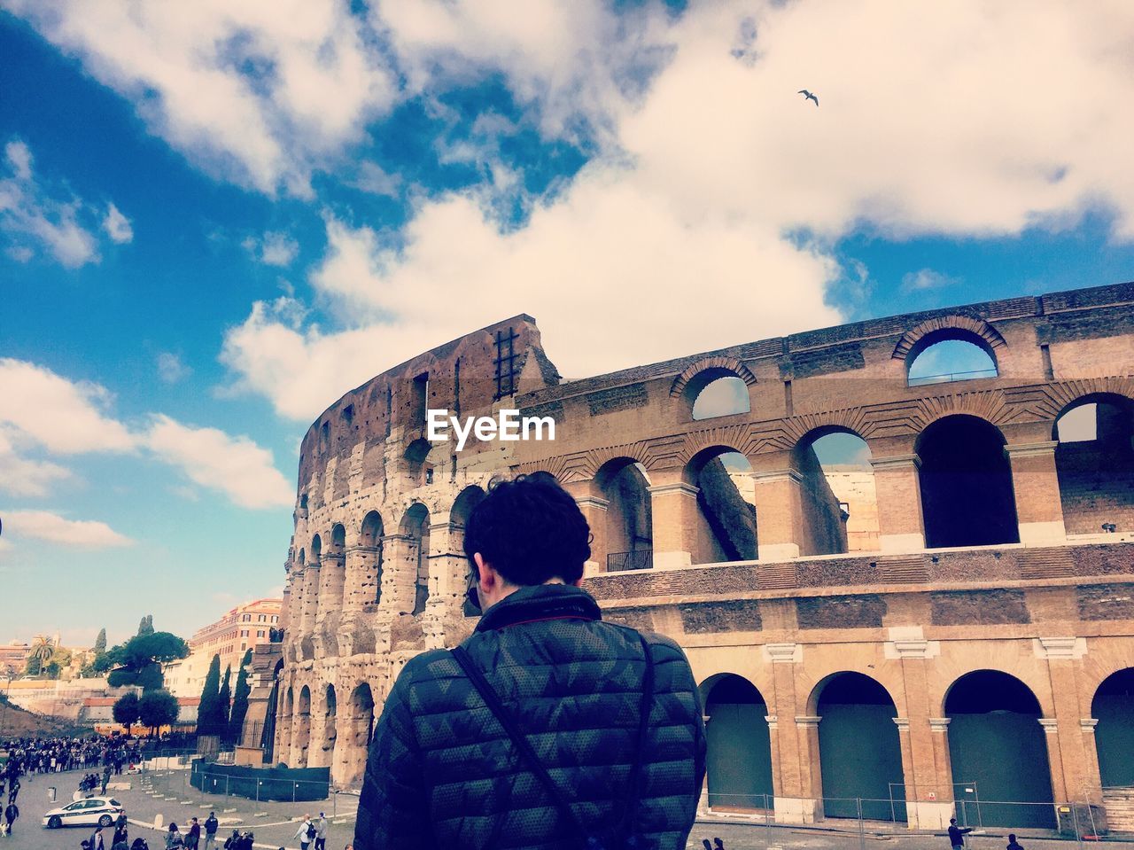 Rear view of man standing by coliseum against sky