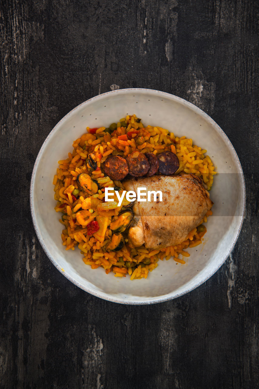 High angle view of meal served in bowl on table