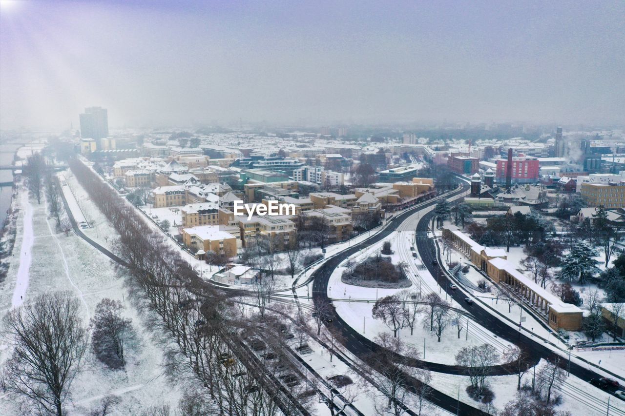 High angle view of cityscape during winter