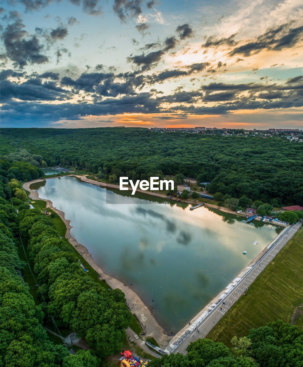 High angle view of lake against sky during sunset