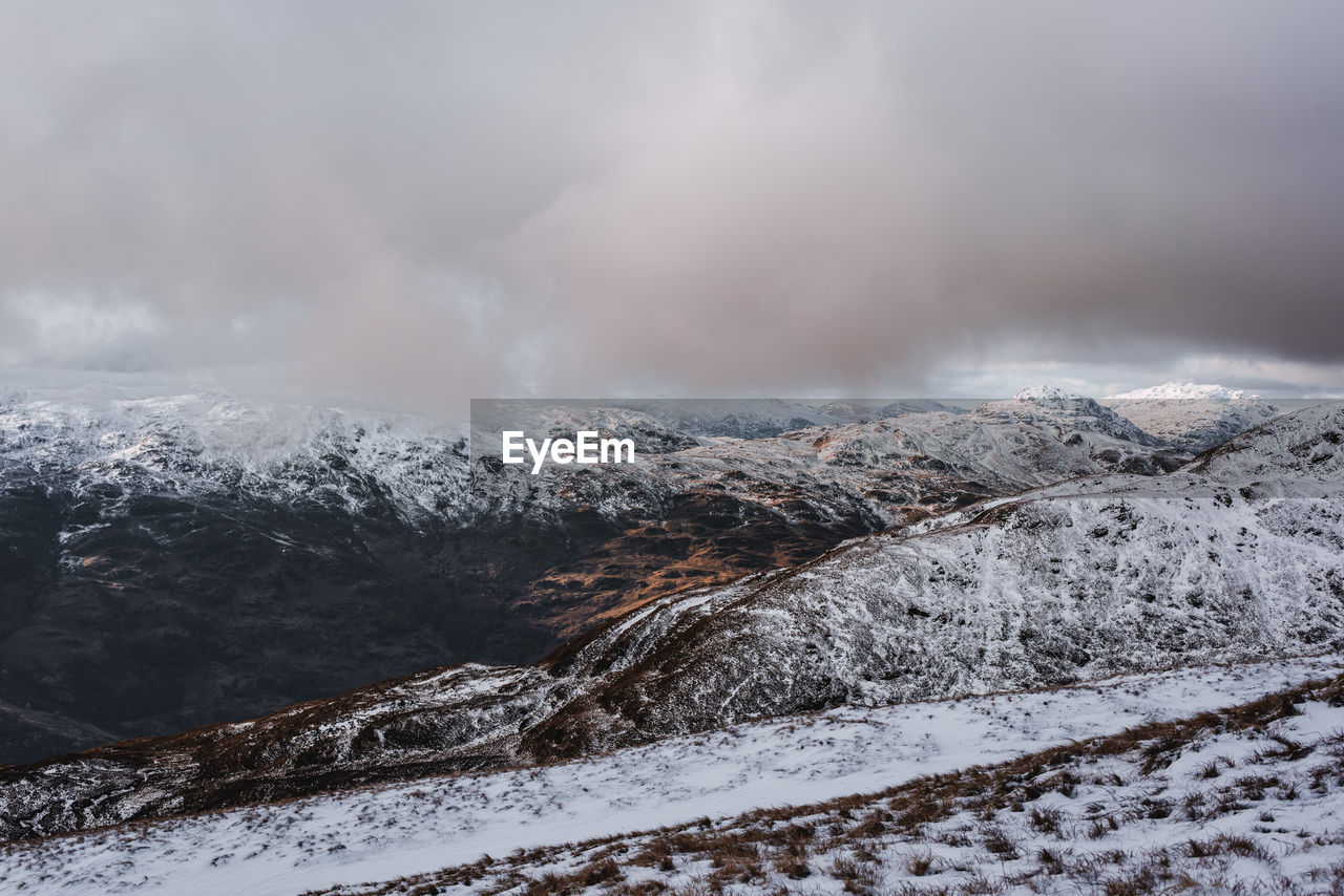 Scenic view of mountains against sky during winter