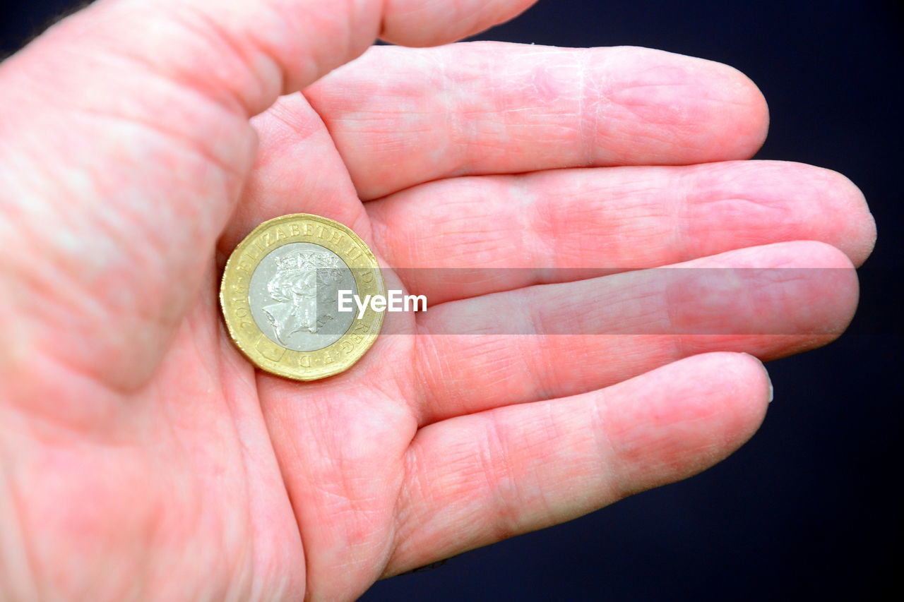 Older man's hand holding a british one pound coin in his palm.