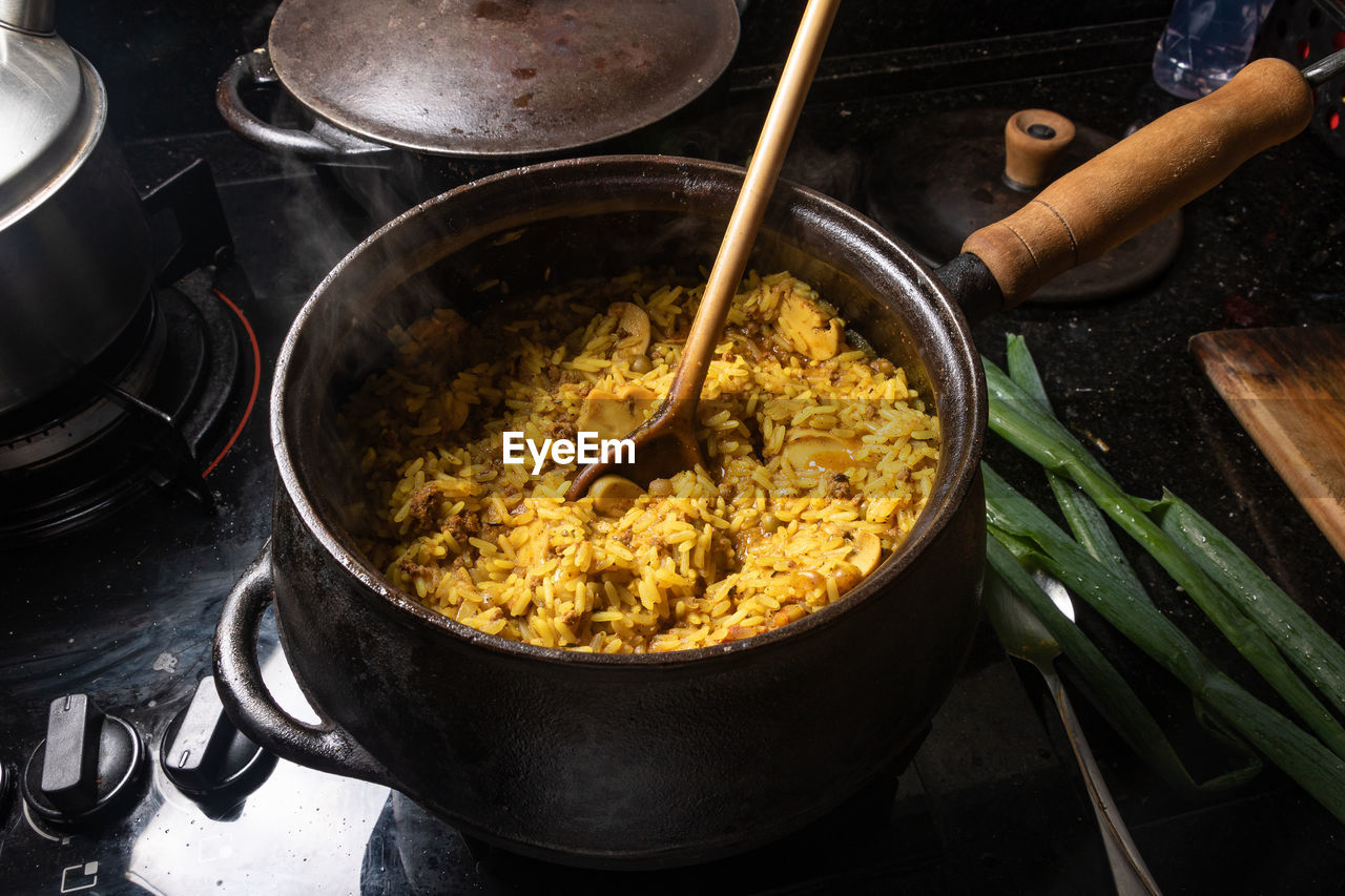 high angle view of food on stove