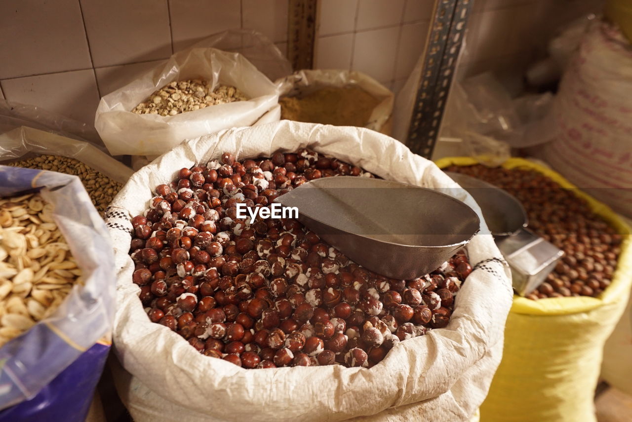 Dried hazelnut in a sack  at dry market in kerman.