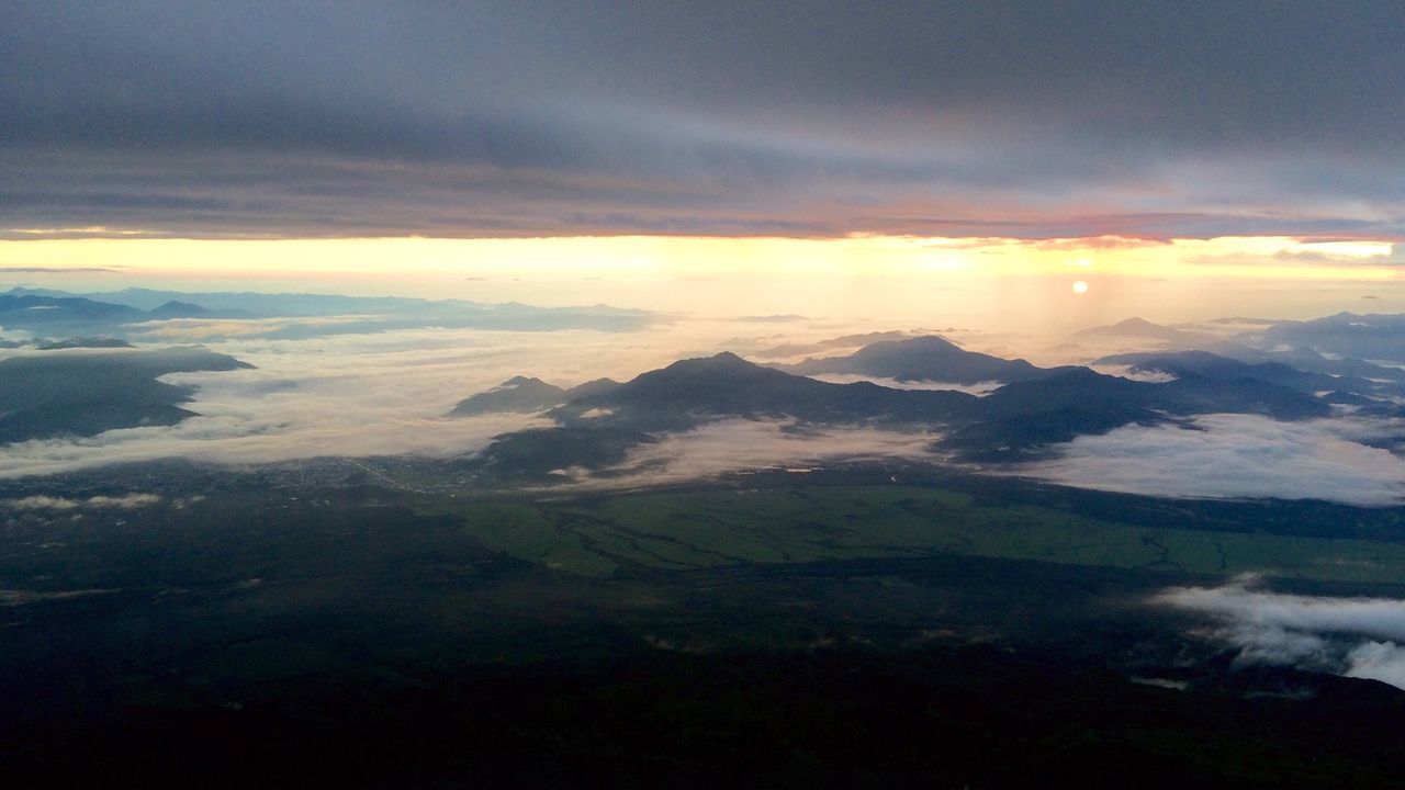 High angle shot of countryside landscape at sunset