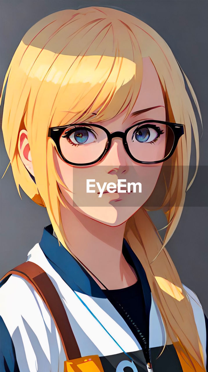 cartoon, anime, portrait, one person, adult, eyeglasses, glasses, human face, women, headshot, young adult, manga, looking at camera, person, indoors, studio shot, female, emotion, clothing