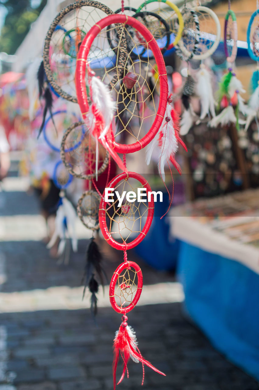 Close-up of dreamcatchers hanging at store