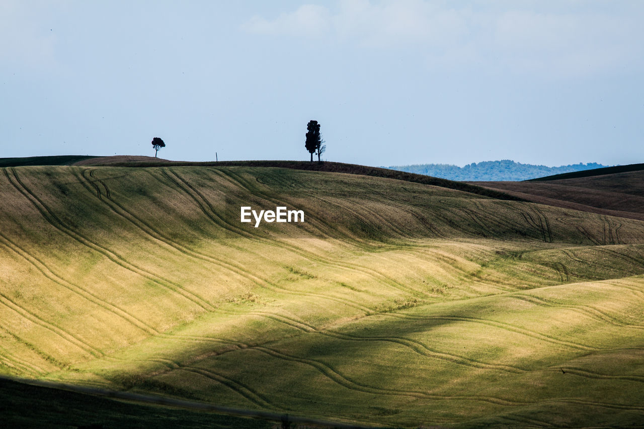 Scenic view of grassy field against cloudy sky