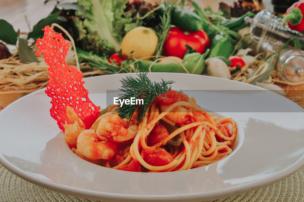 CLOSE-UP OF SEAFOOD SERVED IN PLATE