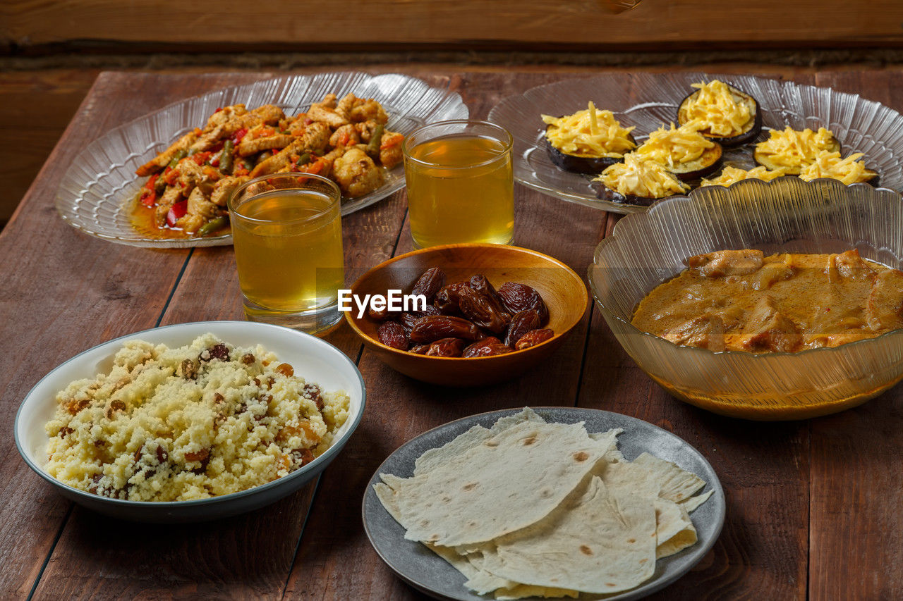 high angle view of food in bowls on table