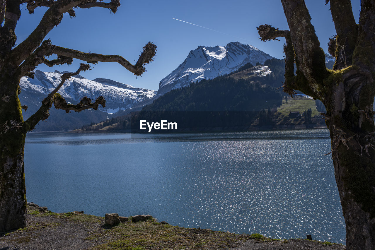 Scenic view of snowcapped mountains and lake against sky