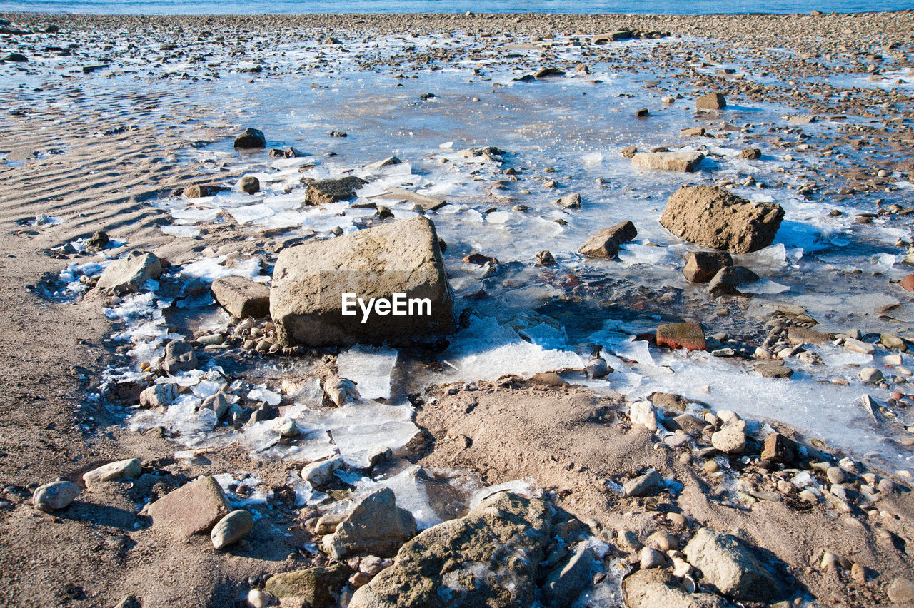 High angle view of rocks on beach