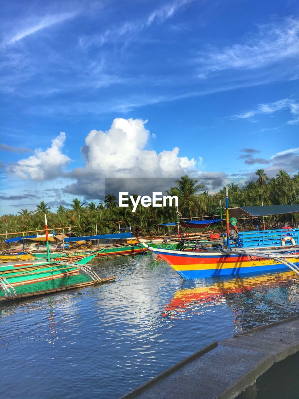 Boats moored on shore against sky