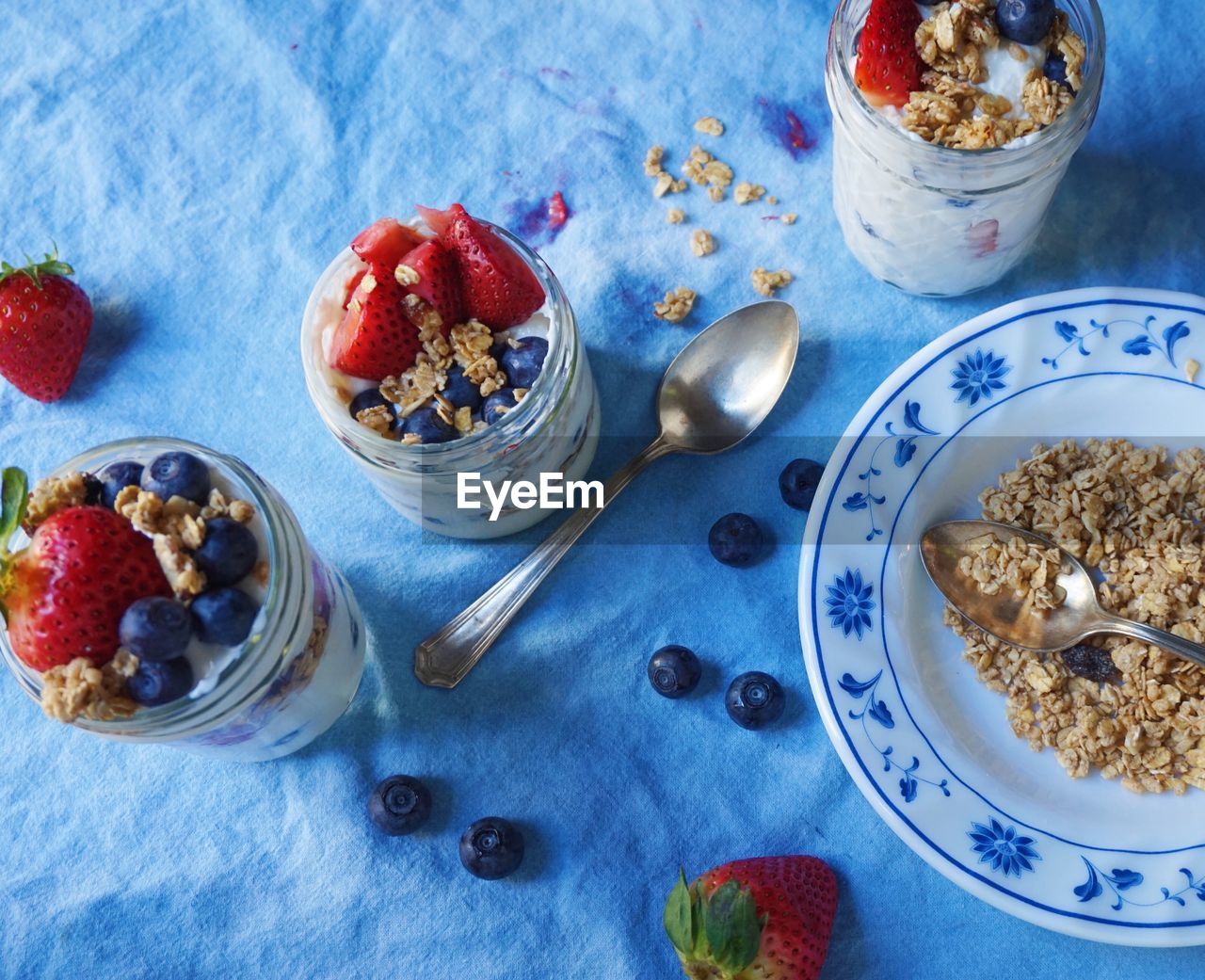 High angle view of breakfast on table