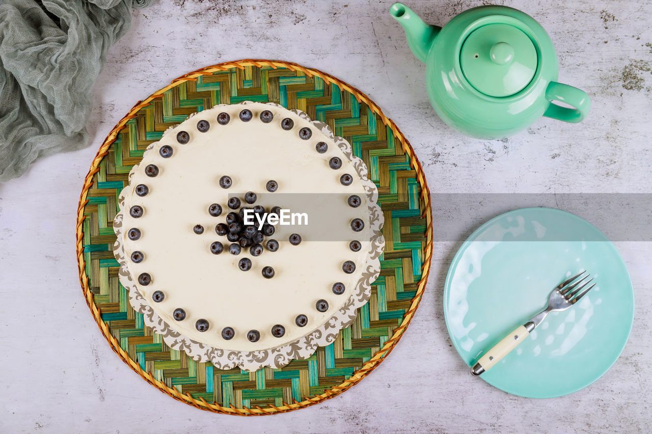 High angle view of cake on plate at table