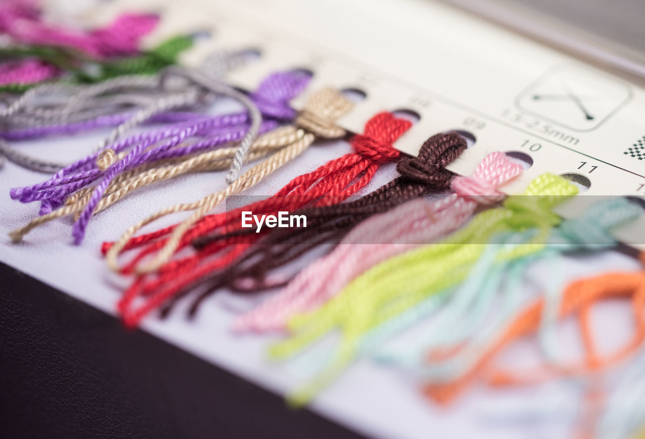 High angle view of multi colored threads on table