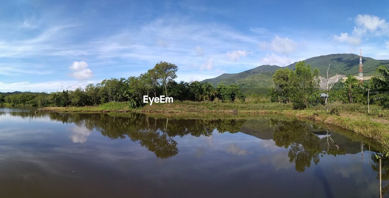 REFLECTION OF TREES IN LAKE AGAINST SKY