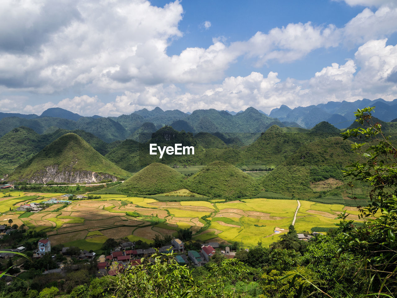 Scenic view of green landscape and mountains against sky