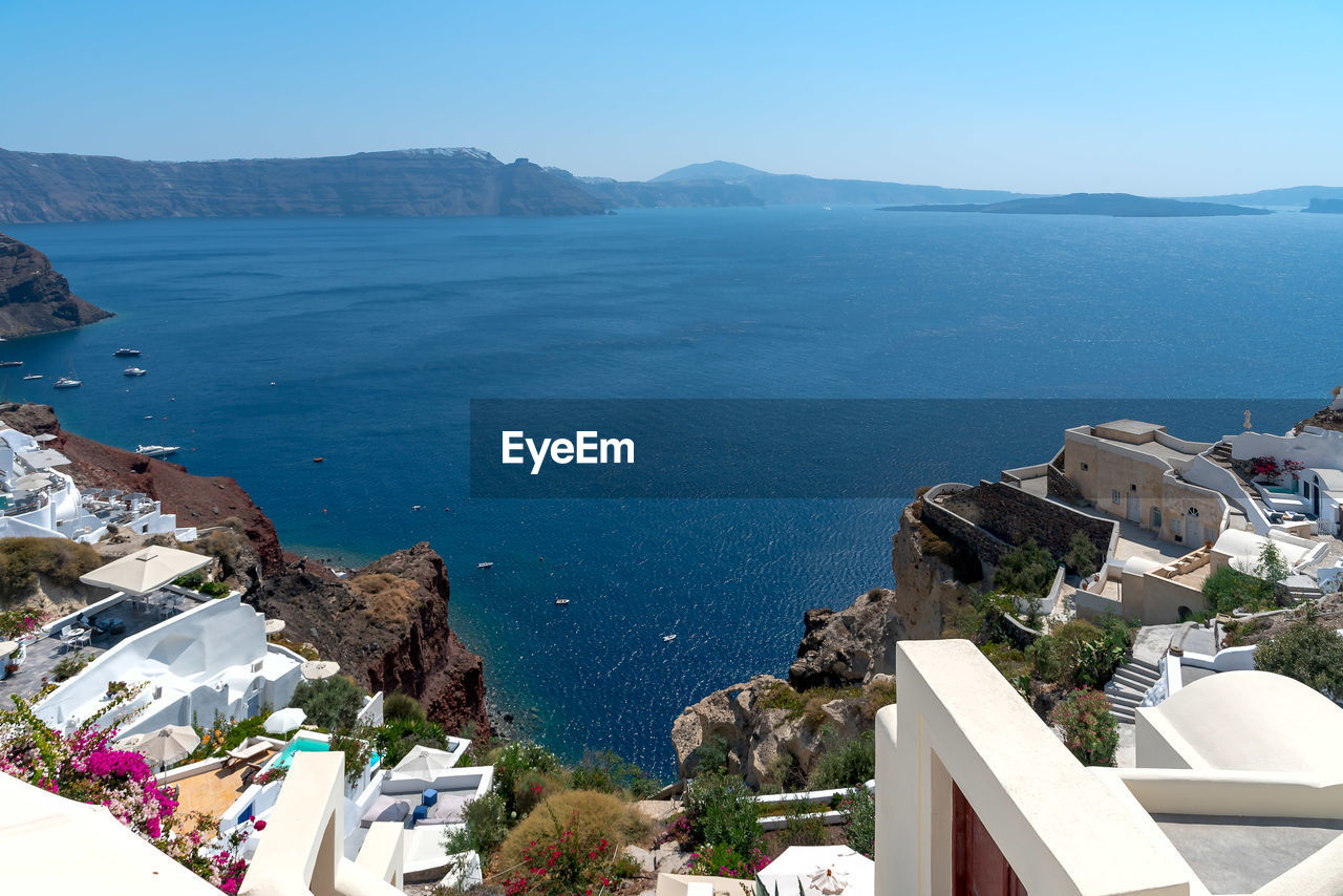 High angle view of town by sea