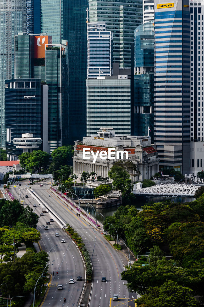 HIGH ANGLE VIEW OF CITY STREET AND BUILDINGS