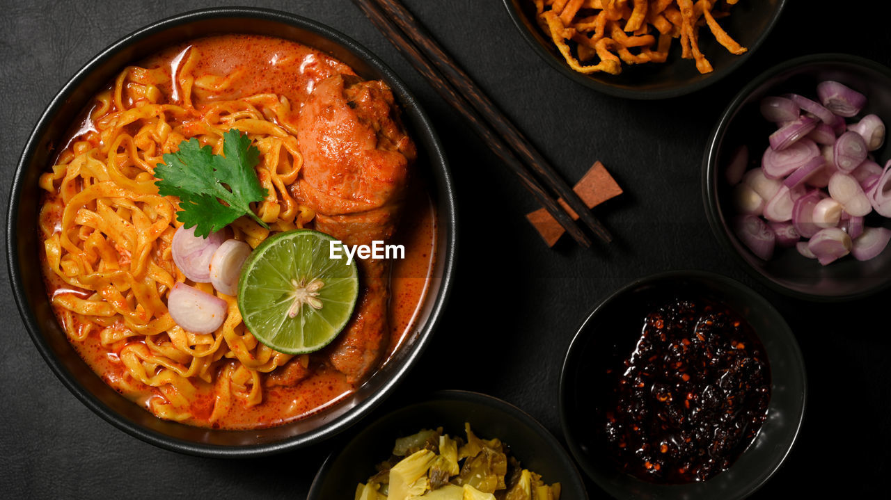 high angle view of food served in bowls on table