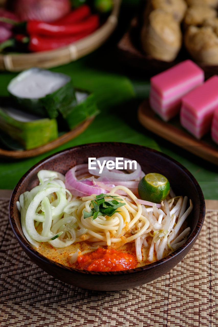 High angle view of food in bowl on table