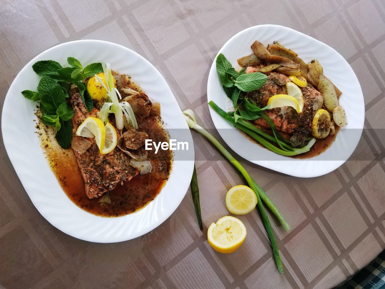 High angle view of meal served on table