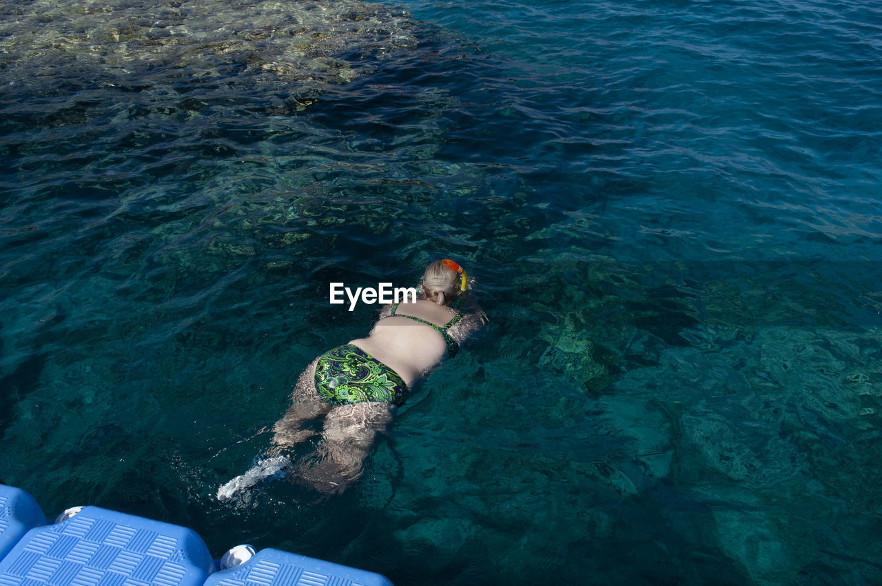 Plump girl in a green swimsuit and a swimming mask, dives and swims in the sea