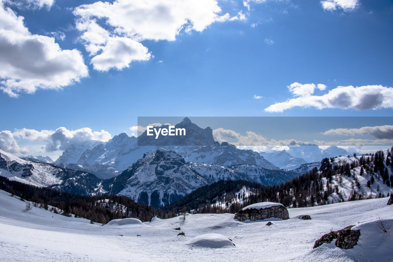 SCENIC VIEW OF SNOWCAPPED MOUNTAINS AGAINST SKY DURING WINTER