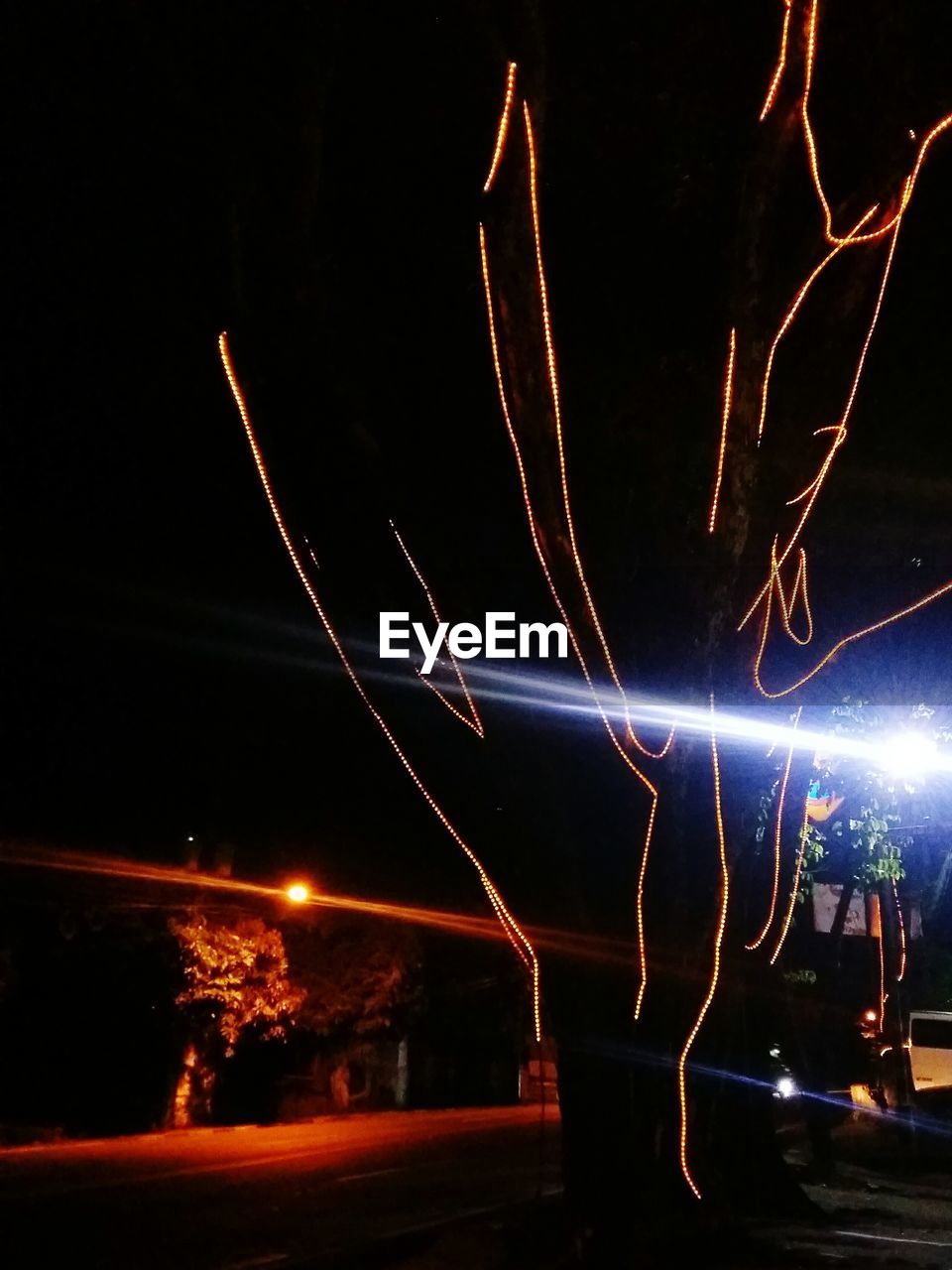 LIGHT TRAILS IN SKY AT NIGHT