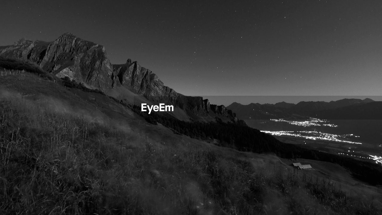 PANORAMIC VIEW OF MOUNTAINS AGAINST CLEAR SKY