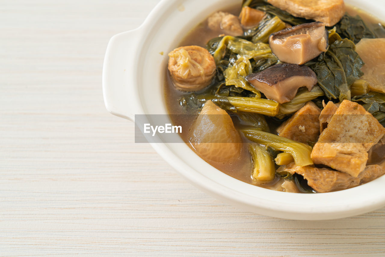 high angle view of soup in bowl on table