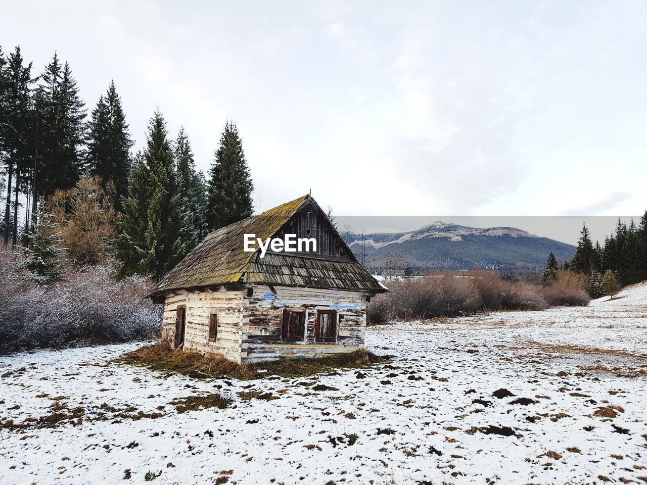 Abandoned house on field during winter