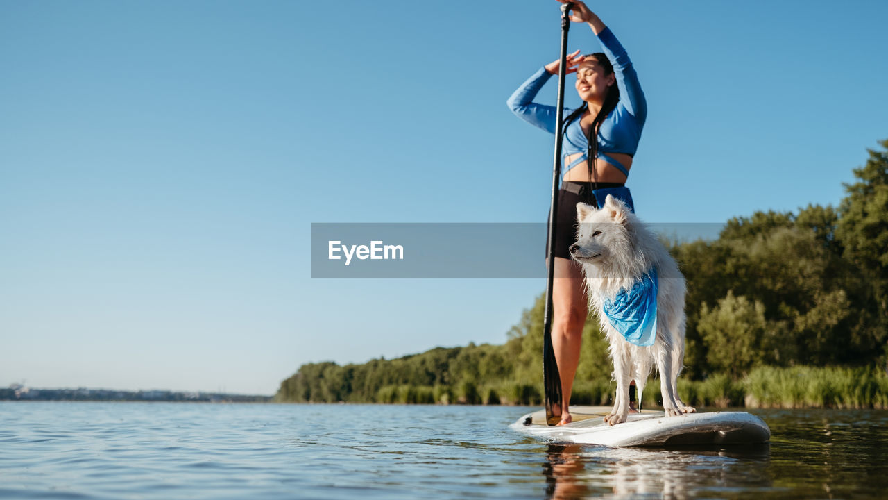 Woman enjoying life on the lake at early morning standing on the sup board with dog japanese spitz