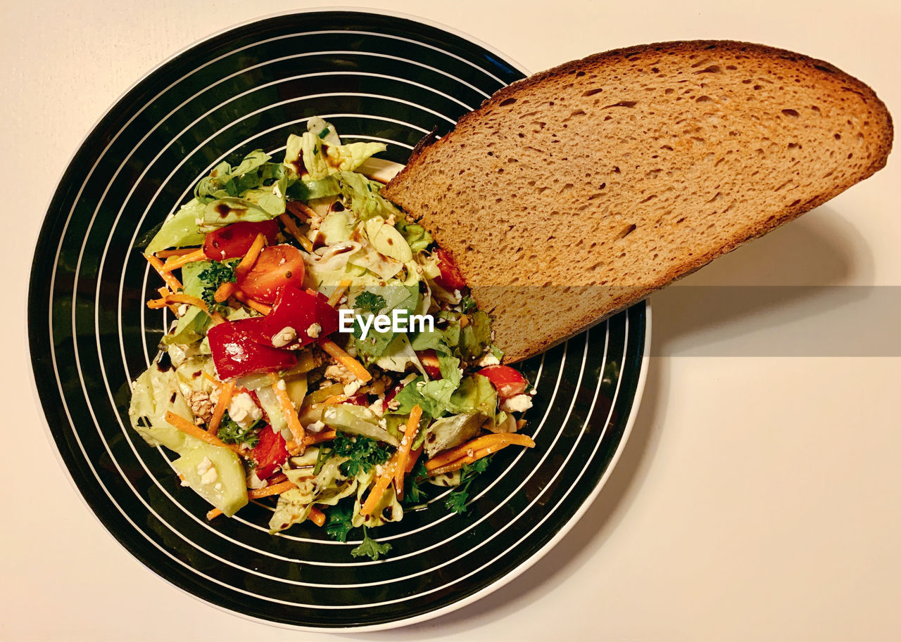 High angle view of food served in plate