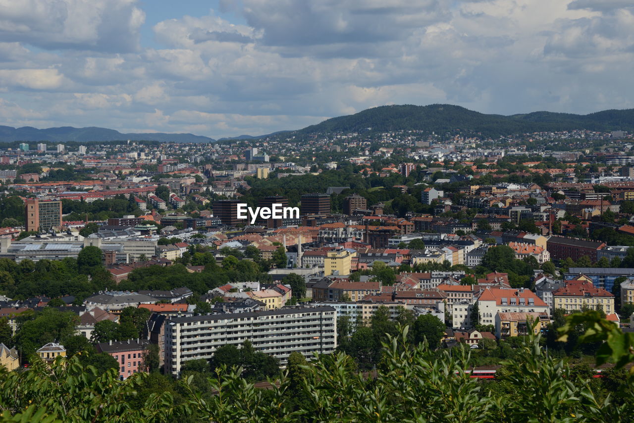 High angle shot of townscape against sky