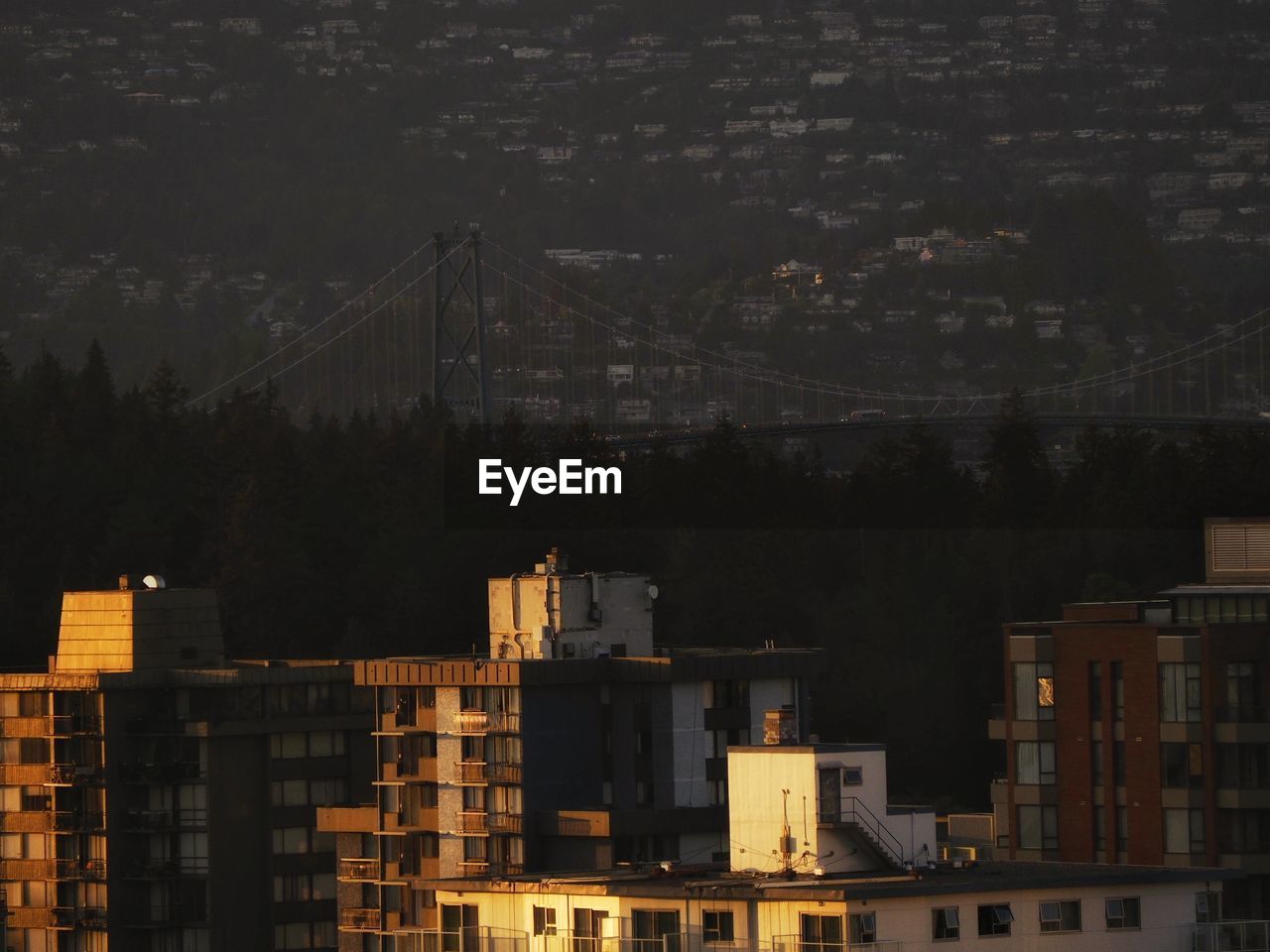 High angle view of buildings in city at night