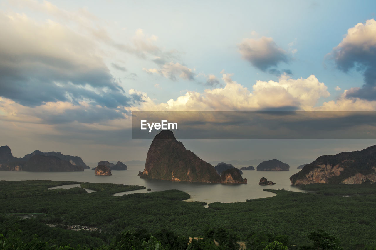 Scenic view of sea and rocks against sky